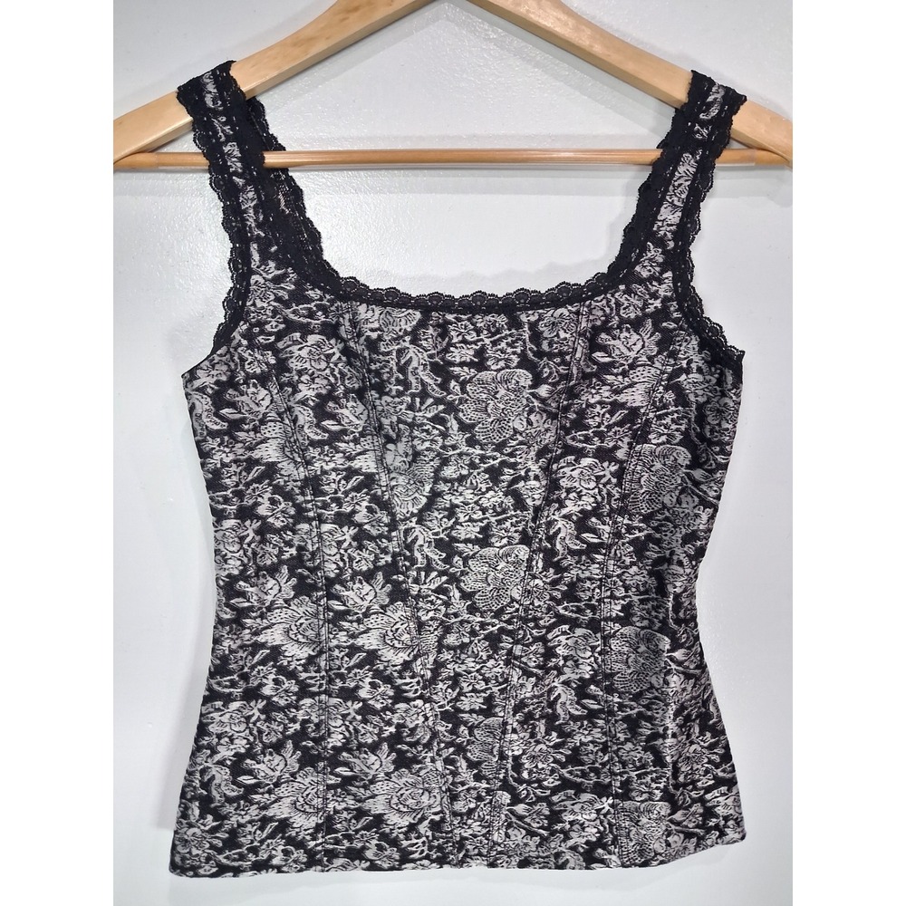 Cache Womens Silver Black Floral Lace Trim Faux Corset Tank Top Small Whimsigoth - Picture 2 of 7